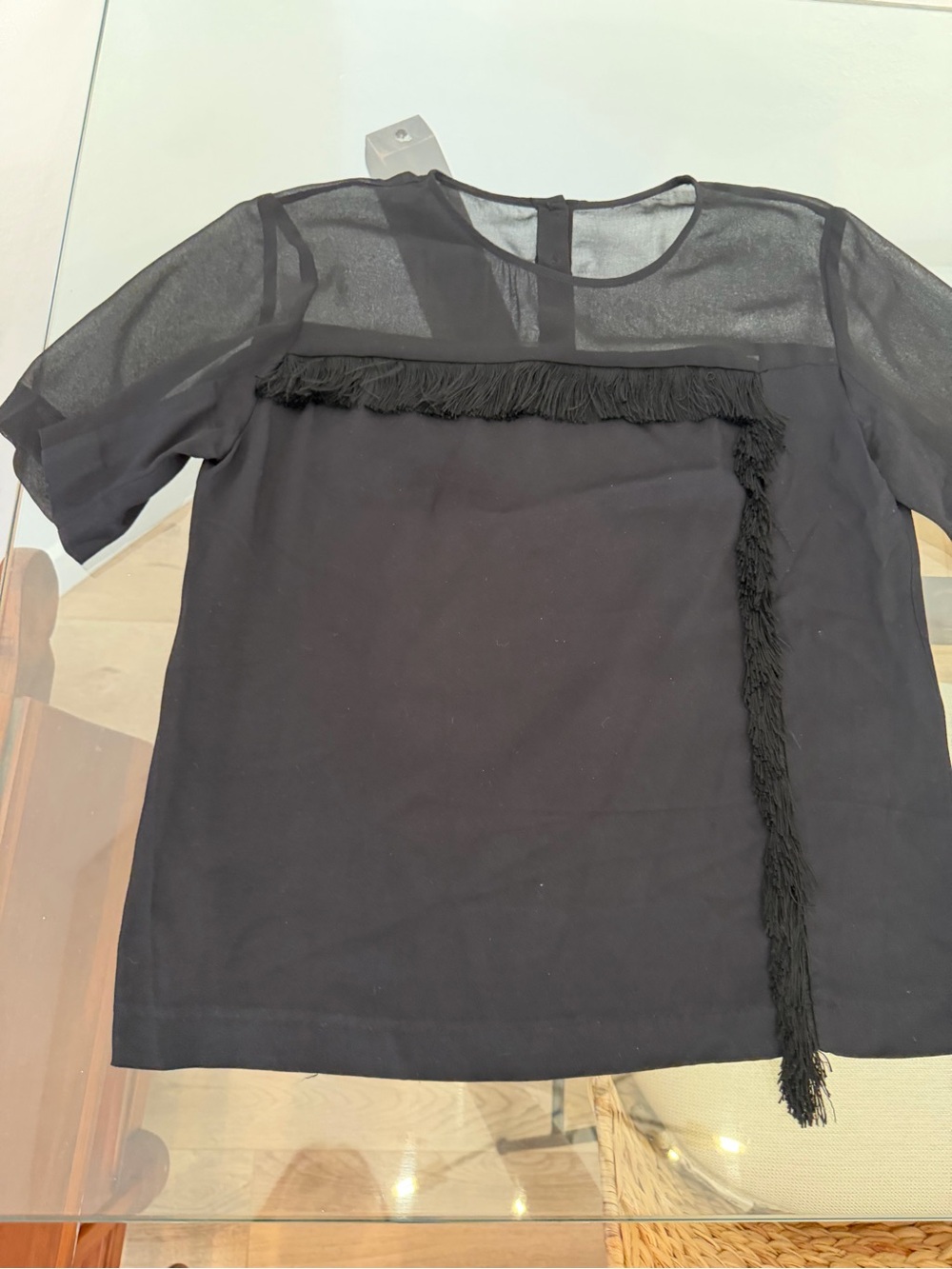 Sandro Paris Black Fringe Sheer Yoke Short Sleeve Blouse Size 2 - Picture 2 of 12